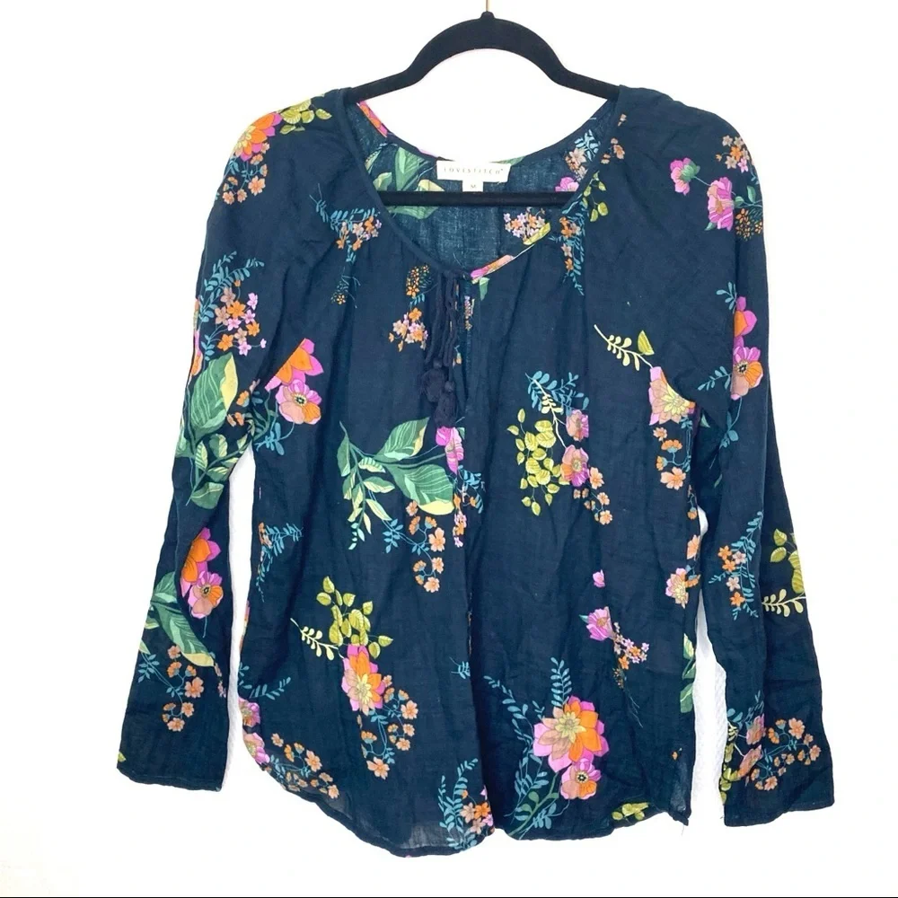 Love Stitch‎ Peasant Floral Tassel Blouse Top M